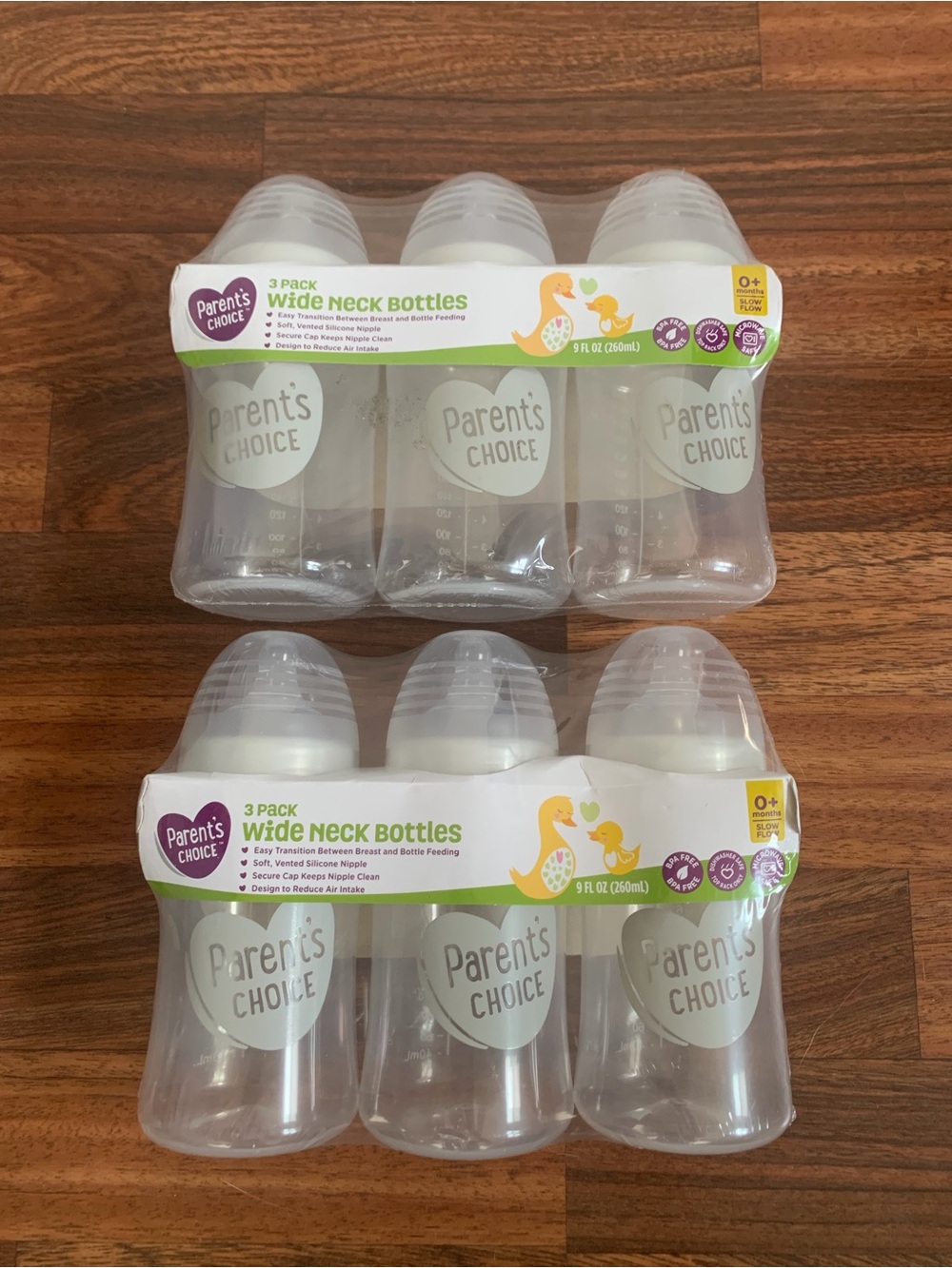 Lot of 6 Parent’s Choice 9oz Wide Neck Baby Bottles 0+ Month Silicone Nipple New